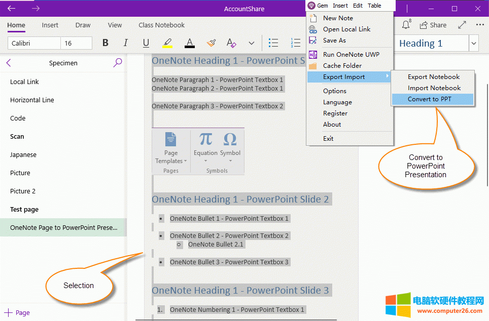 在 OneNote UWP 中选中内容，使用 Gem Menu 转换成 PPT 