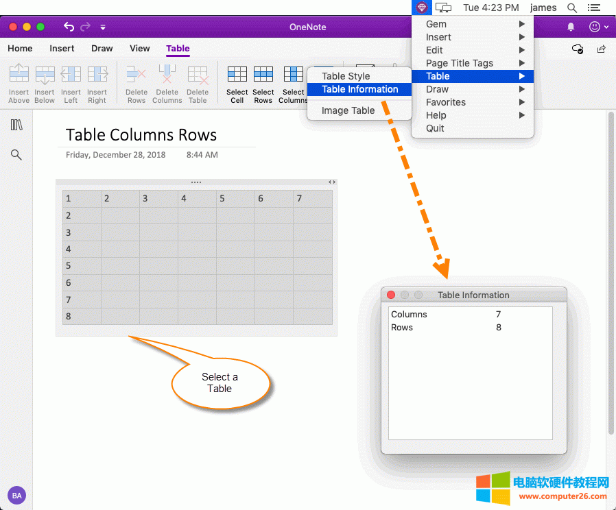 查看 OneNote 选中表格的行数、列数 