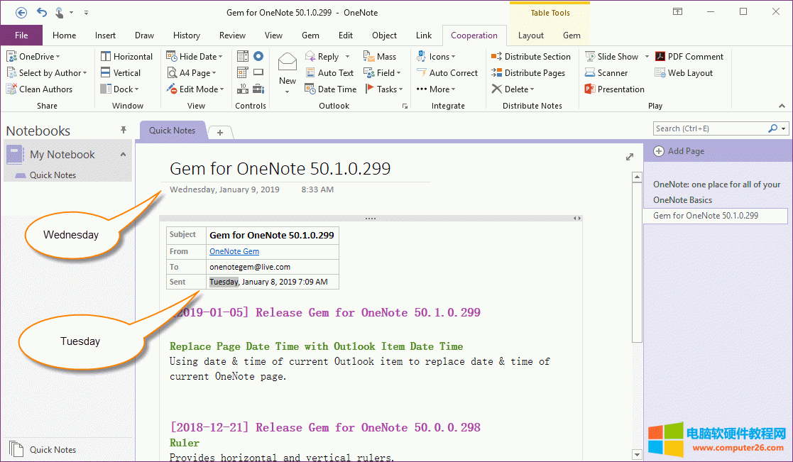 邮件保存到 OneNote 的一个新页面，新页面日期时间不是邮件的日期时间 