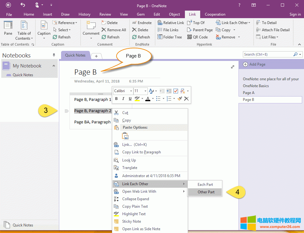 第二步：对 OneNote 页面 B 进行“彼部分”操作