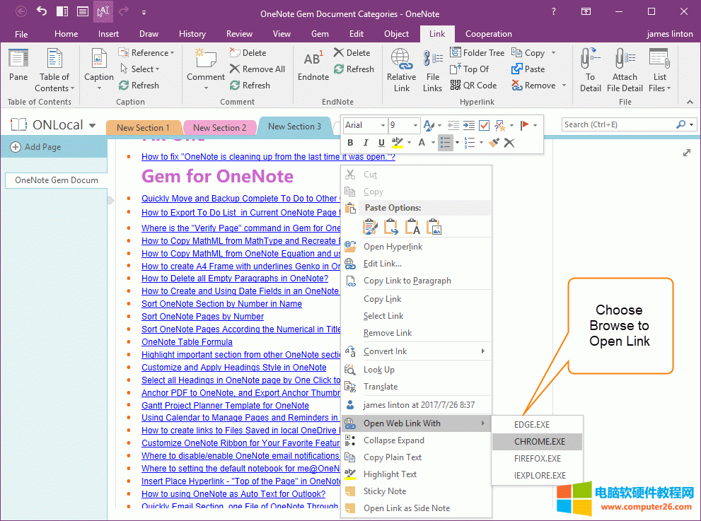 直接在 OneNote 里选用浏览器（Edge, Chrome, Firefox, IE）来打开链接