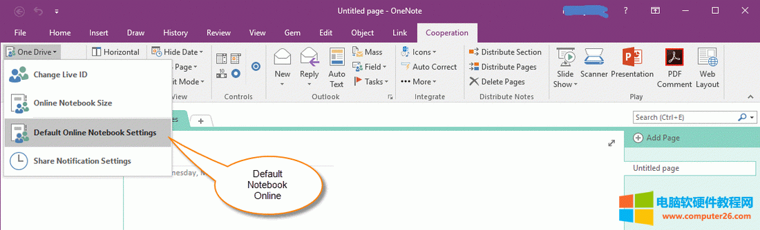 从桌面 OneNote 打开网页来设置在线默认笔记本