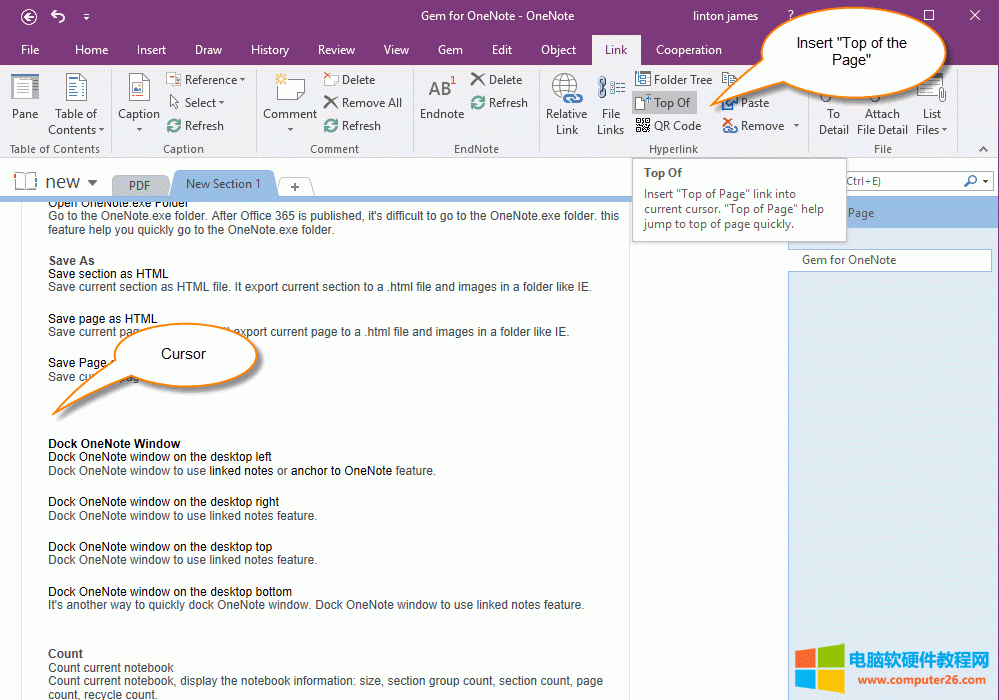 在 OneNote 光标出插入“页面顶部”的标签链接