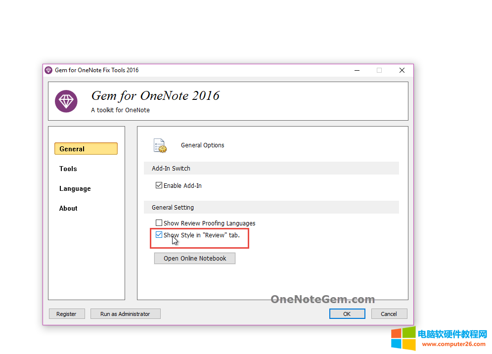 在 OneNote Gem Fix Tool 中打开在 OneNote 的“审阅”选项卡显示自定义文本样式菜单