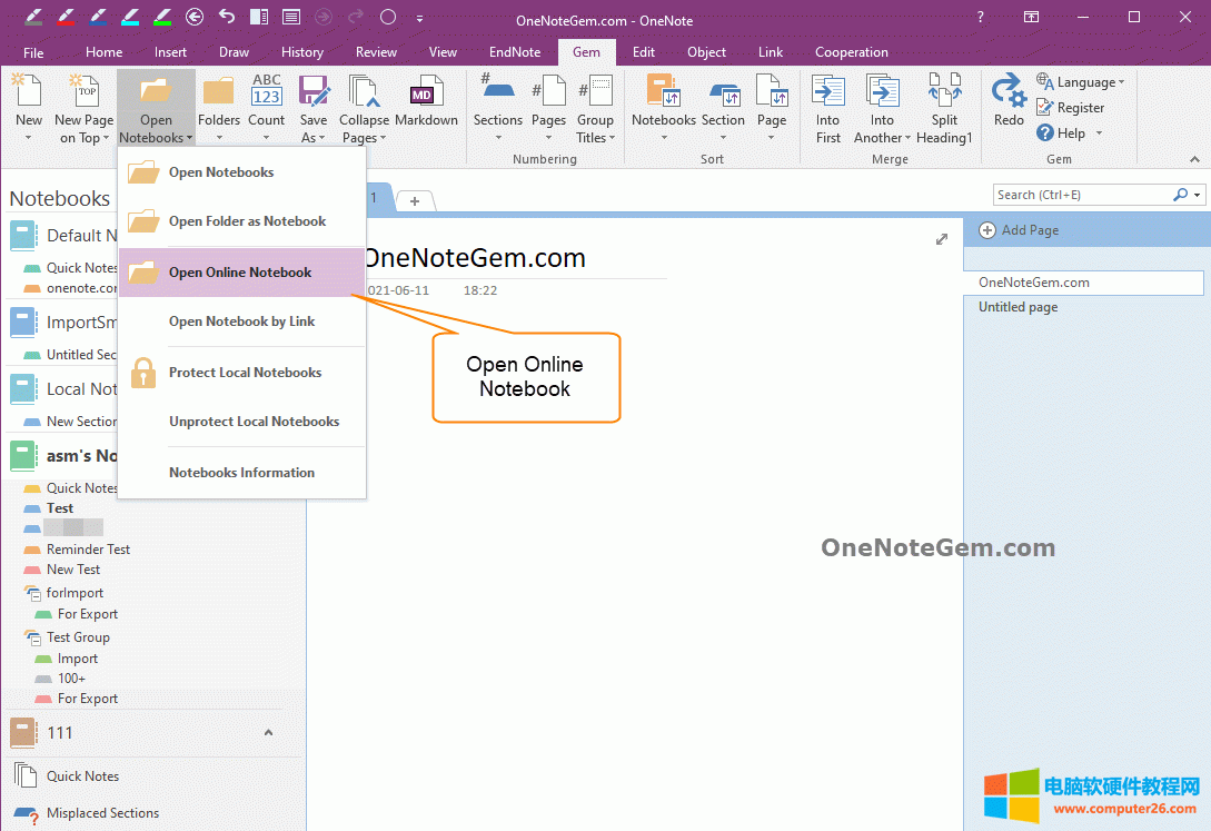 通过数字笔记珍宝 Gem for OneNote 提供的“打开在线笔记本”来打开共享过来的笔记本